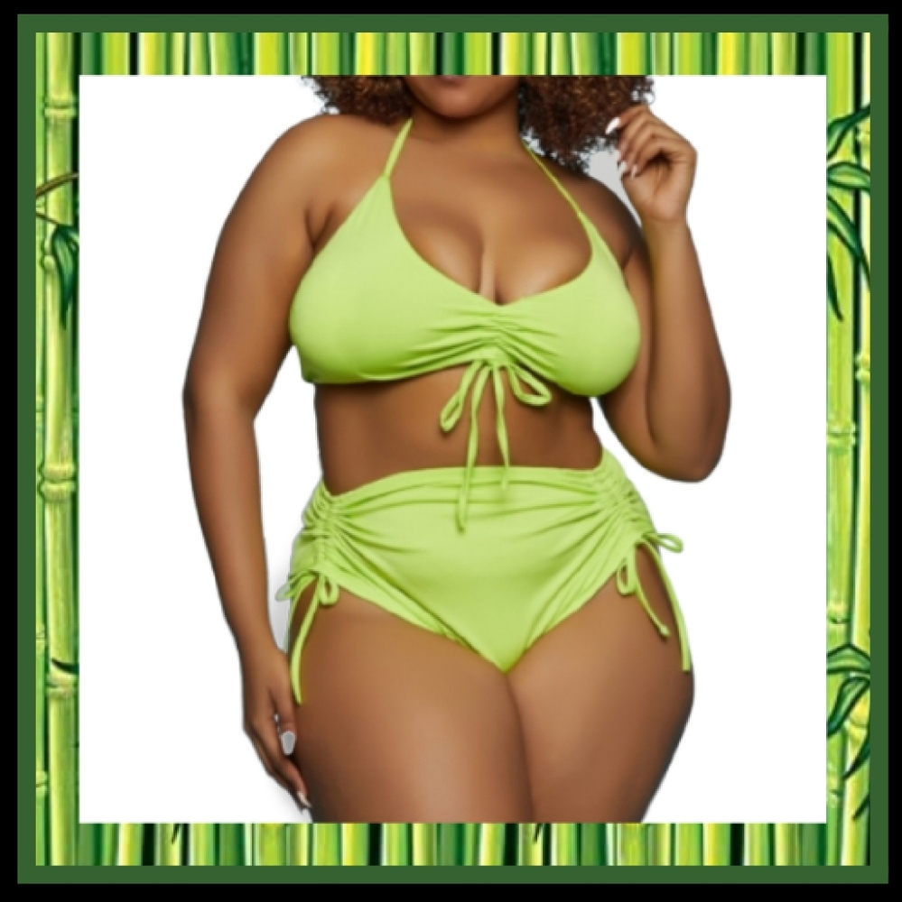 LOVE 83 ☆ LIME GREEN ☆ DRAWSTRING GATHERED ☆ HALTER BIKINI ☆ 3XL ☆ NWT